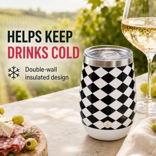 Image of Biddlebee 12 oz Insulated Stemless Wine Tumblers with Lids, Set of 2 | Stainless steel, keeps drinks hot or cold for hours; unbreakable outdoor and travel wine glasses; gift for women