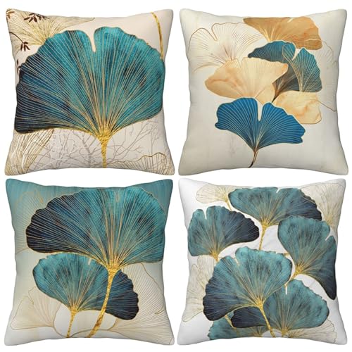 El Mejor Listado de Fundas decorativas para almohada los más recomendados. 47 LOHDALOLF - Juego de 4 fundas de almohada de hojas de verde azulado de 18 x 18 pulgadas, fundas de almohada decorativas de hojas de ginkgo de color turquesa y dorado para sofá