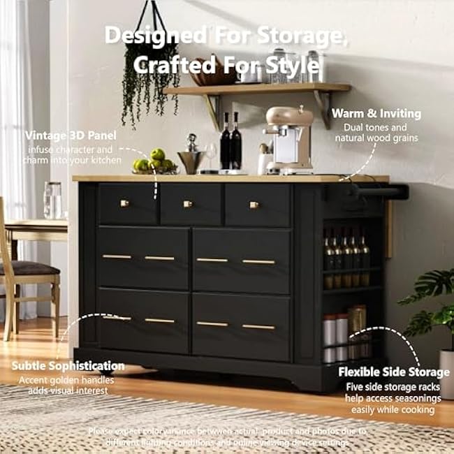 51 Kitchen Island with Pull Out Trash Can Storage & Drop Leaf,Folding Island Table with 6 Drawers,Rolling Kitchen Cart with Open Side Racks,Dining Island Table with Towel Rack,Power Outlet (Black)-DHcBjfyY