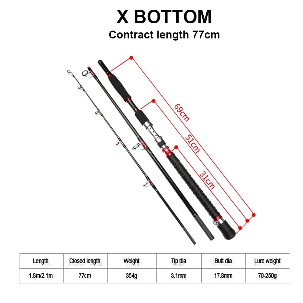 Canne à pêche en Fibre de Carbone à Haute teneur en Carbone Big Game Canne à pêche en Haute mer 1,8 m / 2,1 m 3 Sections Bateau d'eau salée Trolling Thon Sea Bass Canne à pêche (Size : 1.8m)