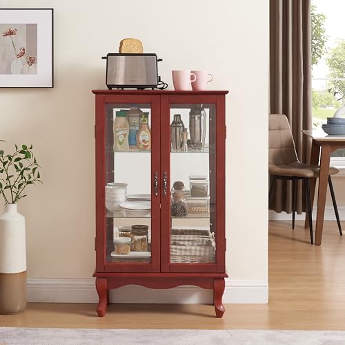 Image of 43 inch H Lighted Curio Cabinet Display Case with Light Bulb, Glass Curio Cabinet with Adjustable Shelves & Tempered Glass Door, Wooden Cabinets w /Mirrored Back Pane for Living Room(Cherry)