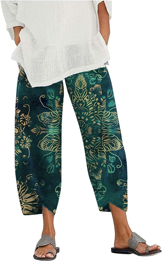 domirica Boho Pants for Women Gold Flower Print Plus Size Casual Travel Cotton Pants with Pockets Comfy Elastic Waist Relax for Holiady Lightweight House Trousers,L at Amazon Women’s Clothing store
