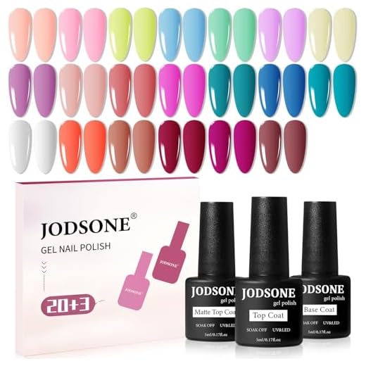 JODSONE 20 Color Vibrant and High Shine Gel Nail Polish Kit with 3 PCS Base Coat and Matte and Glossy Top Coat