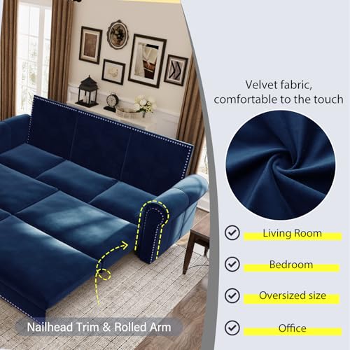 Image of Eafurn 93.7 inch King Size Pull Out Sofa Bed, 3-in-1 Convertible Sleeper Sofa Couch Bed with Nailhead Decor and Rolled Arms, Velvet Oversized Chesterfield Loveseat Chaise Lounge