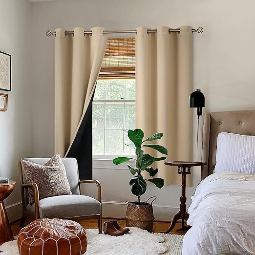 Image of BFAM 100% Blackout Curtains for Bedroom with Black Liner, Thermal Insulated Thick Double Layers Total Light Blocking Grommet Window Curtains 1 Panel