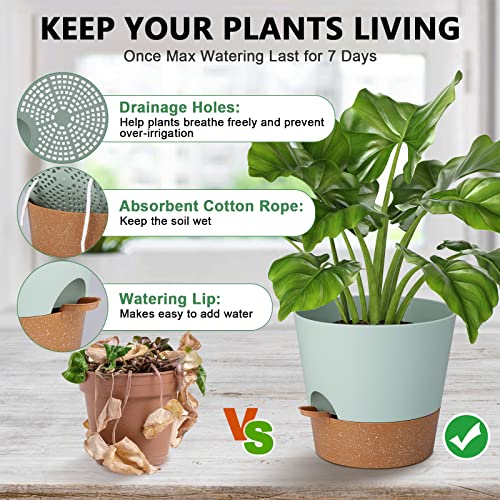 Bloempot, set van 2 stuks, kunststof bloempot met irrigatiesysteem, modern, voor binnen en balkon, tuin, planten, vetplanten, cactus (groen) - Afbeelding 4