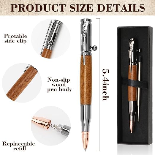 Image of bullet pen heavy metal realistic bolt action mechanism smooth writing ballpoint pen premium pocket clip stylish gift item for men (Brown)