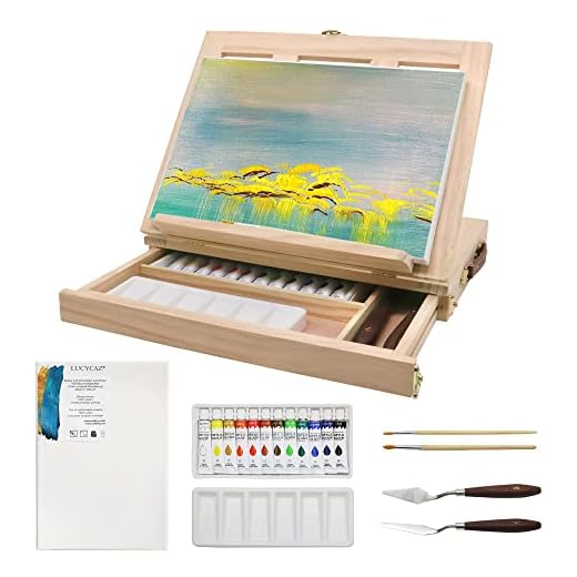LUCYCAZ Tabletop Easel Set - Painting Kits for Kids and Adults, Wooden Art Easel for Painting Canvases with 12 Colors Acrylic Paints, 2 Brushes, Plastic Palette and Palette Knives