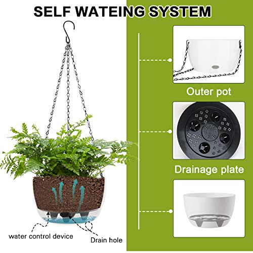 Sungmor Self Watering Hanging Planter For Indoor Plants, 9.4" & 11.2" 2-Pack Large White Plastic Hanging Basket, Garden Flower Pots With Hanging & Standing Design, Thickened Sturdy Drainage Plant Pots #TOP2