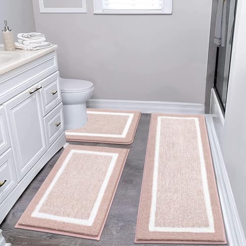 Pauwer 3-Piece Bathroom Shower Rug Set with U-Shaped Contour Toilet Mat, Absorbent Microfiber Plush Bath Mats, Non-Slip, Machine Washable Shaggy Bathroom Floor Mats, Dusty Pink