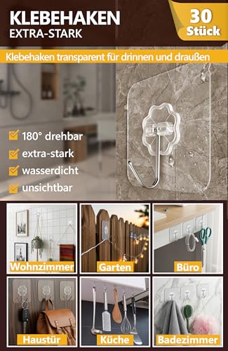 4smile Klebehaken extra stark, 30 Stück, 10 kg Klebehaken outdoor wetterfest, wasserdichte Haken selbstklebend, Wandhaken selbstklebend, transparent - Decke und Wand, Mehrzweck für Küche, Bad