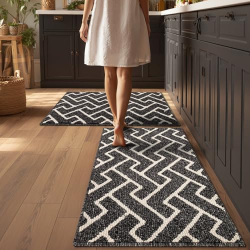 Image of hicorfe Indoor Door Mat,Set of 2 Non Slip Welcome Mats for Floor,Comfort Washabe Carpet for Hallways Entryway Laundry Room(24 inchx35 inch+24 inchx35 inch,Dark Grey)