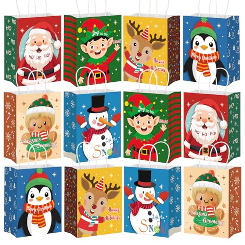 HEYINSHEN 12 PCS Christmas Gift Bags Christmas Gift Bags with Handles Xmas Paper Gift Bag Paper Reusable Santa Claus Snowman Bags Bulk for Classrooms Wedding and Party Favors Xmas Supplies
