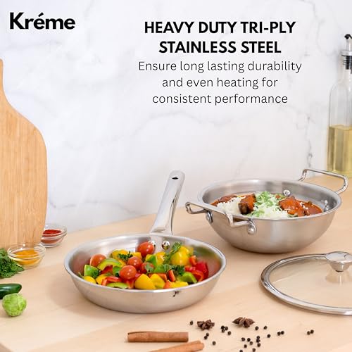 Image of Kreme Platina Triply Stainless Steel Cookware Set 3 Pc - Superior Finish, Cool Grip Handle, Induction Compatible | 100% Non-Toxic, Nickel-Free | Frypan 1.45 L + Kadai 2.2 L with Lids