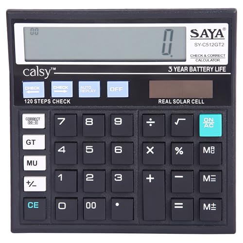 Image of Saya Check and Correct Basic Desktop Calculator with 12-Digit Large Display | Dual Power (Solar & Battery) | Ergonomic Design for Office & School Supplies | GST & Rate Function | 1 Year Warranty