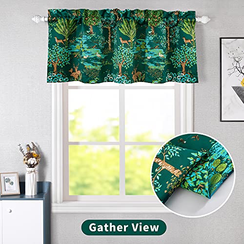Driftaway Clara Woodland Forest Animals Printed Pattern Watercolor Textured Energy Saving Thermal Insulated Window Curtain Valance Single Rod Pocket 52 Inch By 18 Inch Plus 2 Inch Header Emerald Green #TOP2