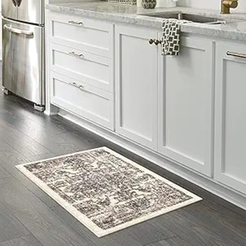 Maples Rugs Tapestry Farmhouse Area Rugs – Made in USA – Washable, Non Slip Indoor Carpet for Entryway, Foyer, Kitchen, and Bathroom, 1'8 x 2'10, Taupe/Grey