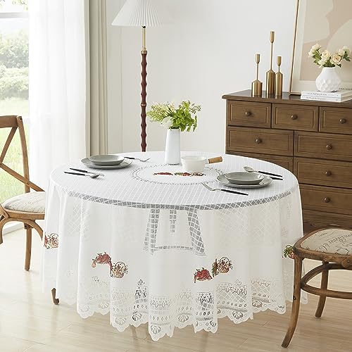 LinenZone Mantel rústico de encaje. Mantel redondo grande marfil de 90 pulgadas. El mantel de granja es perfecto como mantel de otoño, mantel de cosecha o mantel de frutas. (Nora redondo 90, marfil)