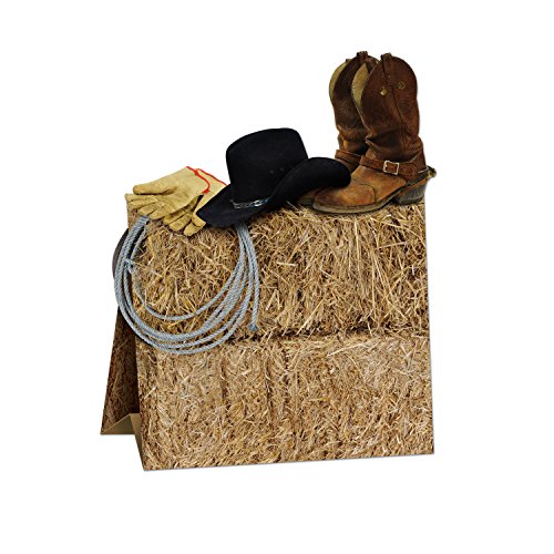 Beistle 3D Western Centerpiece – Printed Cardstock Hay Bale Decoration, Fold-Out Table Prop with Image Design of Cowboy Hat, Boots, Gloves & Rope Design, Rustic Country Party Accessory, 9.5"