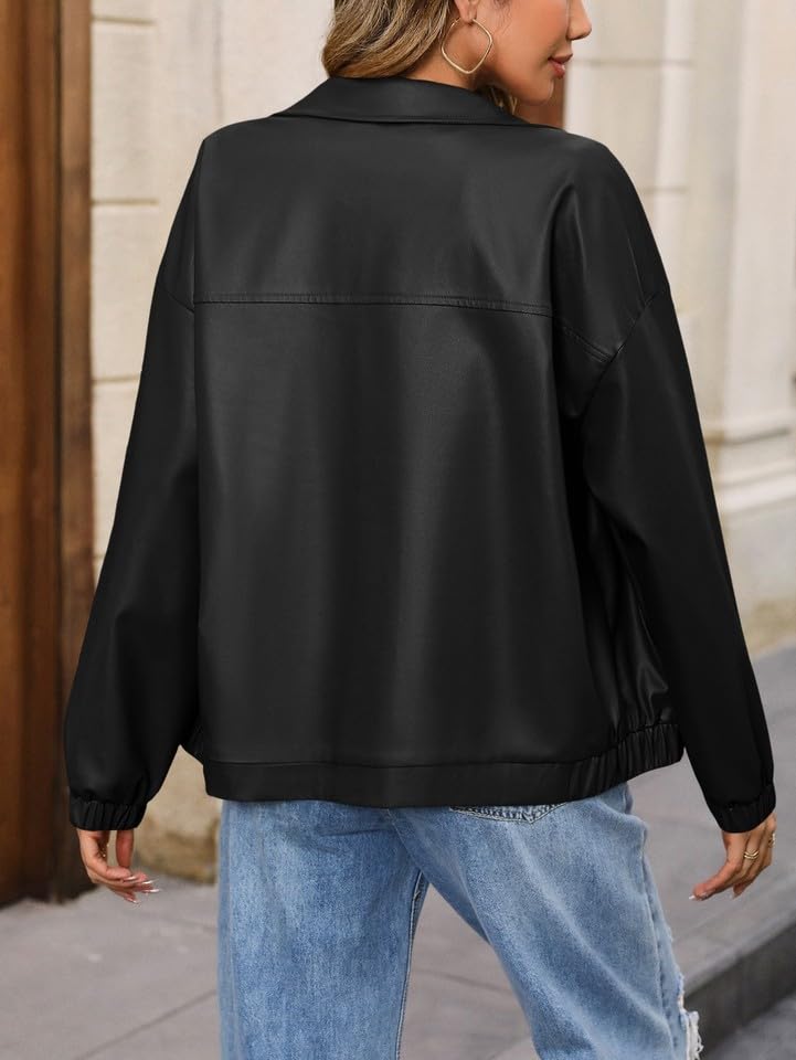 Veste de motard zippée en cuir PU marron manches longues coupe ample - 5