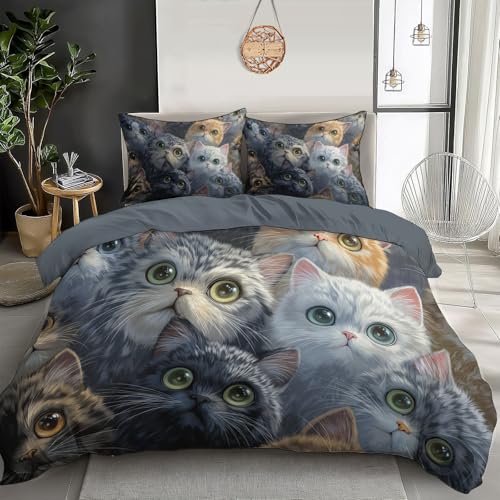 Juego De Funda Nordica Cama Blanquecino Lindo Gato Estampado 3D Fundas Edredón,Personalidad Animal Microfibra Suave Transpirable 200X200Cm