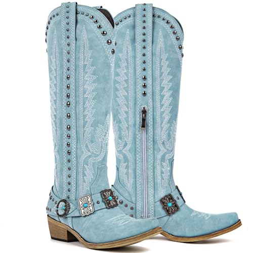 Yolkomo Cowboy Boots for Women Blue Knee High Western Cowgirl
