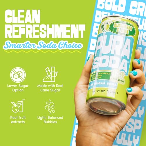 Image of PuraSoda Cucumber & Lime - 12g Pure Cane Sugar Soda, 10 Fl Oz, Pack of 24 | Real Fruit Extract, Non-Gmo Vegan, No Stevia Or Artificial Sweeteners, 13g Cane Sugar, 10 Fl Oz Cans