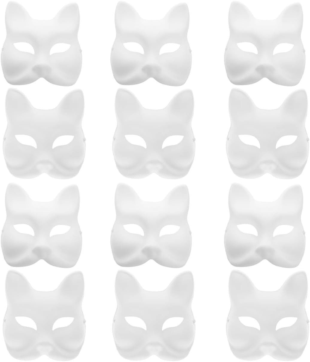 Operitacx Paper MacheMasks, Unpainted Halloween Cat Masks, White Masquerade Mask for Halloween Costume Cosplay Accessories