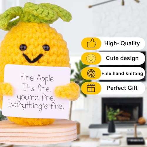 CoFuBcad 3PCS Funny Positive Potato Gift, Cute Crochet Potato Knitted Doll Decoration with Front Card, Wooden Base for Birthday Gift Home Decoration(A8)