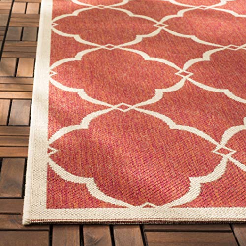 Safavieh Beach House Collection 4' Square Red/Cream Bhs125Q Moroccan Trellis Geometric Indoor/ Outside Non-Shedding Easy Patio Backyard Porch Deck Mudroom Area Mat Accent Mat #TOP2