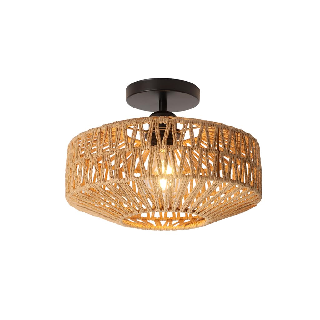 Lampara Techo Ratan,Pantalla de Color Café,Vintage Rusticas Estilo Mimbre Lamparas de Techo Con Diseño Bohemio,Para Salon,Cocina,Habitacion,Comedor,Lampara Colgante isla Cocina,Ø30cm,E27 Portalámparas