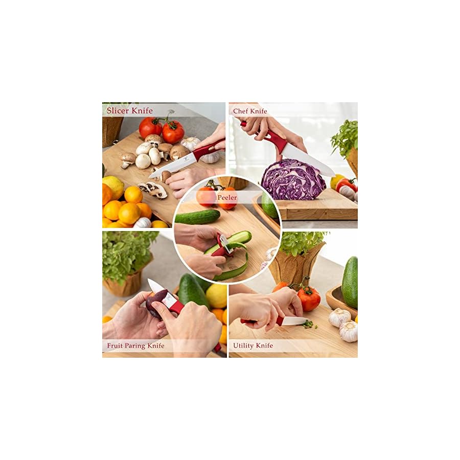 Moss & Stone Kitchen Cutlery White Ceramic Knife Set, Red Ceramic Knife Set and Fruit Peeler, Rust Proof & Stain Resistant, Kitchen Cooking Knife Set, 5 Pieces Red Knives