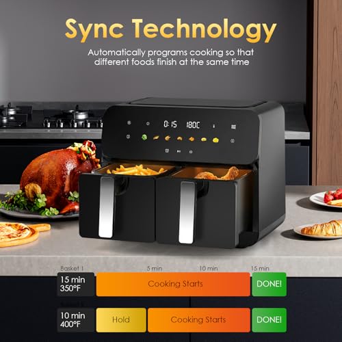 Image of 10QT Large Dual Zone Air Fryer, Double Basket Air Fryer with 2x5QT Baskets, Digital Full Touchscreen Easy-Panel, SyncCook Function, Cook 2 Dishes at Once for 4-6 Family,1700W, Black