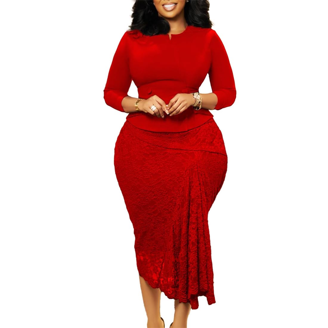 Womens Elegant Bodycon Dress Lace Hem Long Sleeve Solid Color Crewneck Wear to Work Midi Pencil Dresses