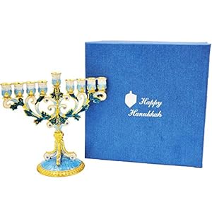 Thedreidelcompanyenameledmetalmenorahwithjeweledaccentshandpaintedenamelmenorahbluewhitegoldgreen Urban Country Home Decor The dreidel company enameled metal menorah with jeweled accents hand painted enamel menorah bluewhitegoldgreen urban country home decor