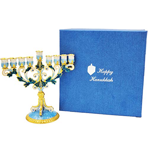 Thedreidelcompanyenameledmetalmenorahwithjeweledaccentshandpaintedenamelmenorahbluewhitegoldgreen Urban Country Home Decor The dreidel company enameled metal menorah with jeweled accents hand painted enamel menorah bluewhitegoldgreen urban country home decor