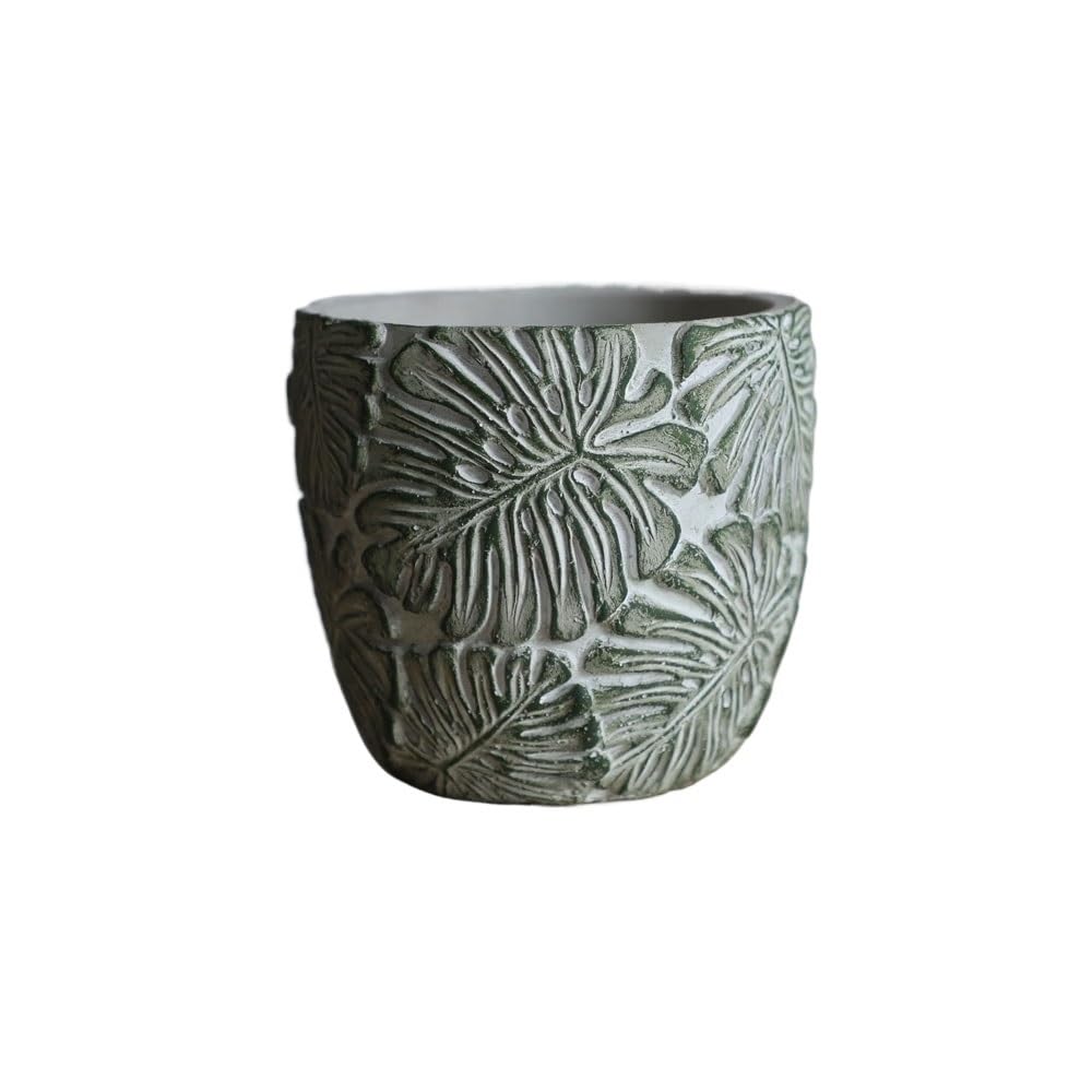 SDA287MZ Green Leaves Relief Round Flower Pot, with Drainage Hole Cement Plant, for Decorate Living Room Bedroom Garden Multifunction