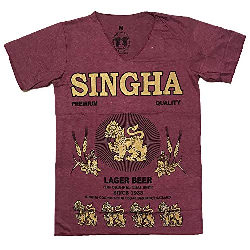 メンズＭ・XLサイズ シンハービールプリントTシャツ エスニックの定番アイテム どんなボトムにも合わせられる アジアン 2サイズ 男女兼用 ユニセックス ゆうメール対応アイテム メンズ レディース (XL, エンジ)