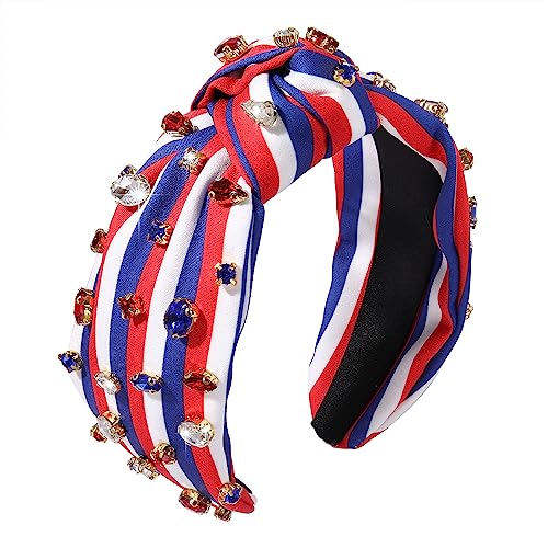 MOLOCH American Flag Headband 4th of July Headband Red White Blue USA Stripe Knotted Head Band for Women Rhinestone Crystal Patriotic Hairband Party Hair Accessory