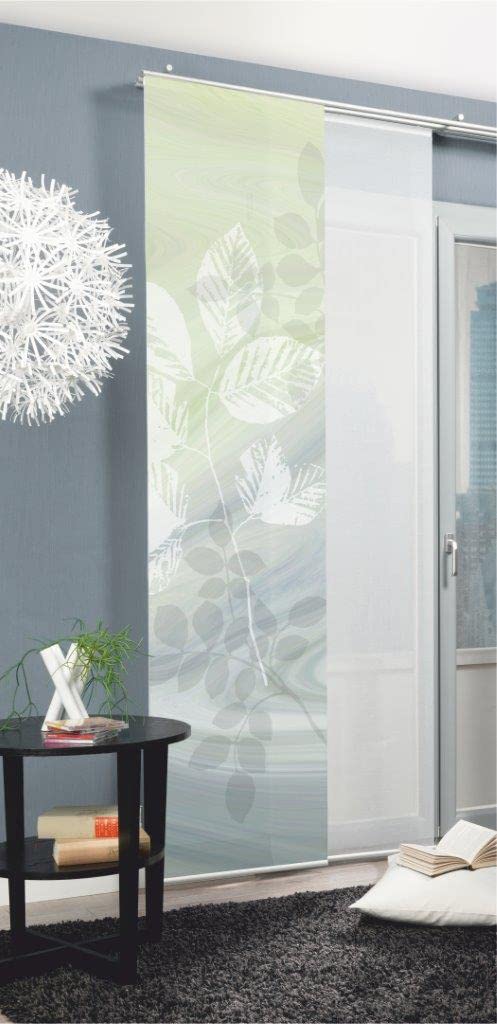 Home Fashion 87667-768 Schiebewand Digitaldruck Toupillon Dekostoff mit Paneelwagen und Klemmschiene, 245 x 60 cm, grün