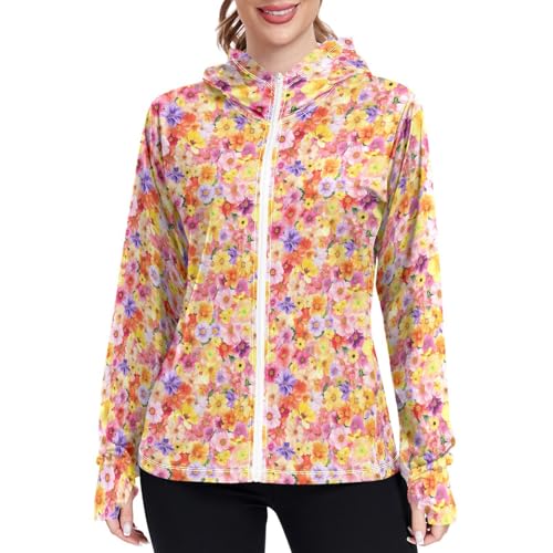 Women's Sun Protection Lightweight Hoodie Jacket Zip Up Jackets for Women UPF 50+ Clothing for Hiking Golf Cycling M Colored Flowers