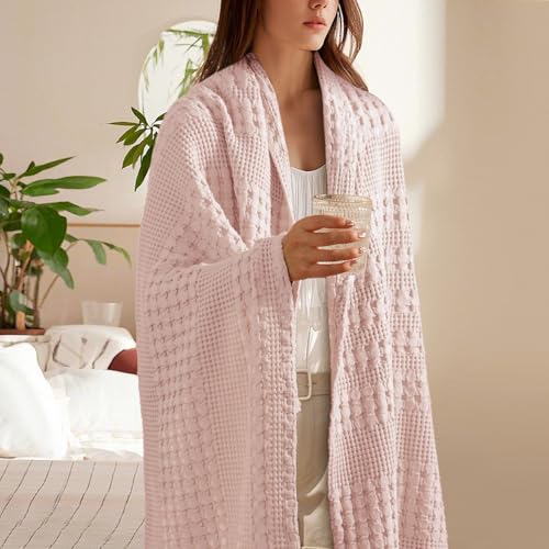 Image of PHF 100% Cotton Waffle Throw Blanket for Couch, Lightweight Breathable and Soft for Summer, Luxury Aesthetic Waffle Weave Blanket for Home Decor & Office, Gifts for Women, 50 inchx60 inch, Pink /Mauve