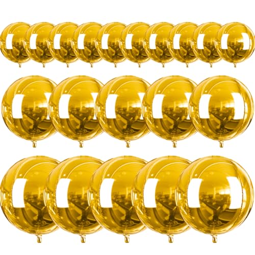 PartyWoo Metallic Gold Foil Balloons 20pcs Different Sizes Pack of 22 15 10 Inch Large Round Foil 4D Inflatable Mirror Ball Mylar Balloons for Graduation Birthday Baby Shower Party Decorations