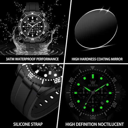 Image of OLEVS Men's Watches Sport Chronograph Analog Quartz Watch for Men with Date Waterproof Dress Casual Fashion Watch Soft Silicone Rubber Strap Band, Unidirectional Bezel & 42mm Big Face