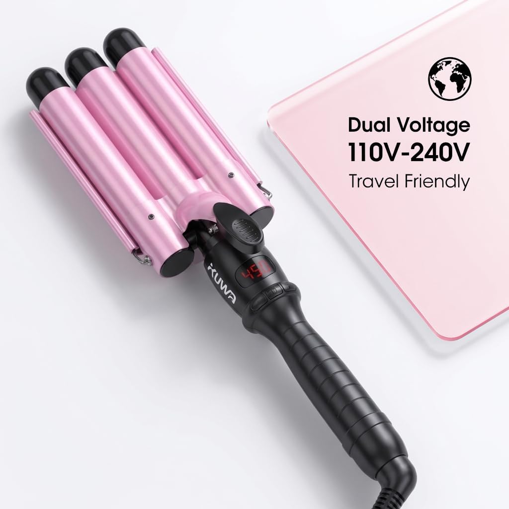 kuwa LCD Temperature Display Hair Crimper,15 Variable Temperature Crimper Hair Tool,Three Barrel Curling Iron,Beach Waves Curling Iron,HairWaver for Women