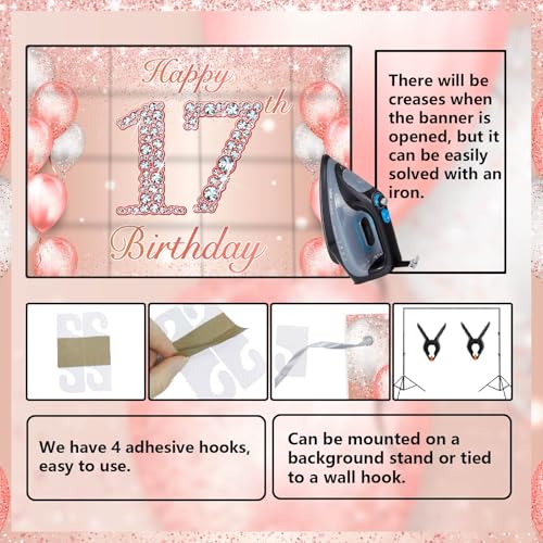 Image of Happy 17th Birthday Rose Gold Banner Cheers to 17 Years Old Backdrop Confetti Balloons Theme Decor for Girls 17 Years Old Pink Birthday Party Decorations Bday Supplies Background Favors Gift Glitter