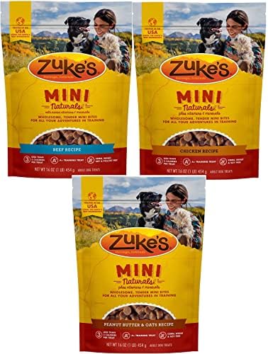 Petlewa (3 Pack) Zuke Mini Naturals Training Dog Treats ( Chicken, Beef, Peanut Butter) - 16 oz