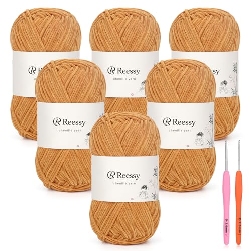 Image of Skinny Chenille Yarn for Crocheting - 6 Pack of 50g /158yd (948yd Total) - Soft Matte Thin Chenille CYC #2 - Fine Weight Baby Yarn for Plush Toys, Baby Blankets & Small Crafts(Walnut)