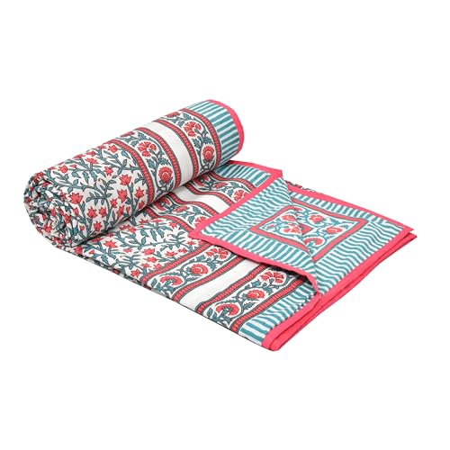 Image of BLOCKS OF INDIA Hand Block Printed Cotton Single Size Reversible Malma Dohar for Summer (Turquoise Pink Jaal, 200 Tc)