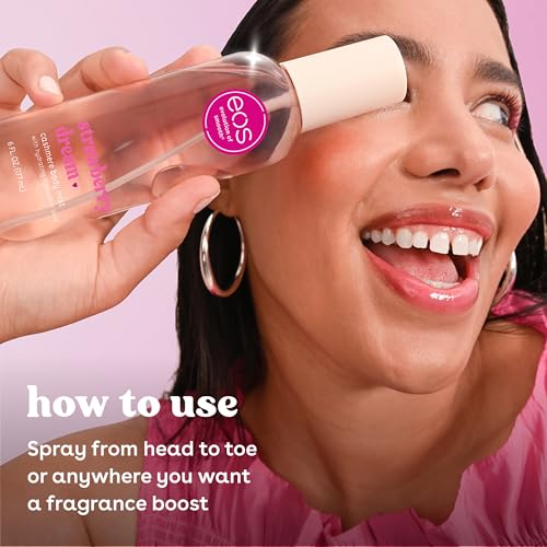 Image of eos Cashmere Body Mist, Strawberry Dream, Body Spray for Women, Strawberry Perfume, Hair Mist, Moisturizing, Hyaluronic Acid, Glycerin, Vegan, Cruelty-free, 6 fl oz